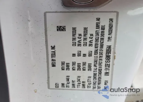 2021 Tesla Model 3 from USA, damaged, VIN 5YJ3E1EA6MF908644